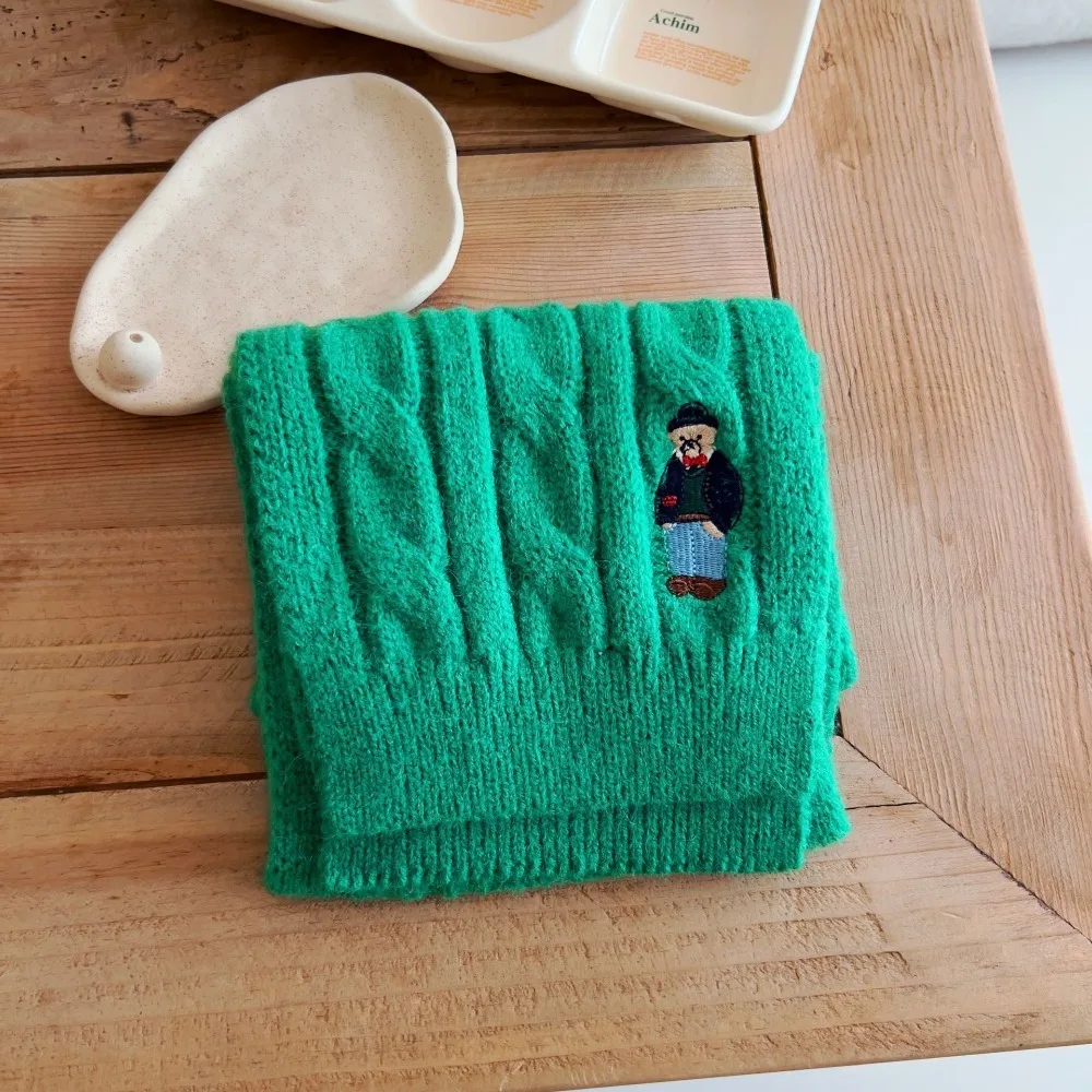 

Модный утепленный детский вязаный шарф с вышивкой медведя, однотонный детский шарф-боло с галстуком, сохраняющий тепло, детские шейные гетры