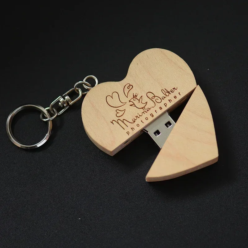 JASTER 10 PCS LOT USB Stick 128GB Wooden Heart USB Flash Drive 64GB Walnut Wood Box Pen Drive 32GB Wedding Gift U Disk 16GB 8GB