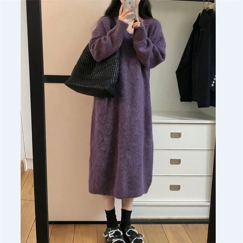 

Korean Style Medium-length Knitted Dress Female Autumn and Winter Dress 2024 New Solid Bottom Skirt V-neck Sweater Dress LU516