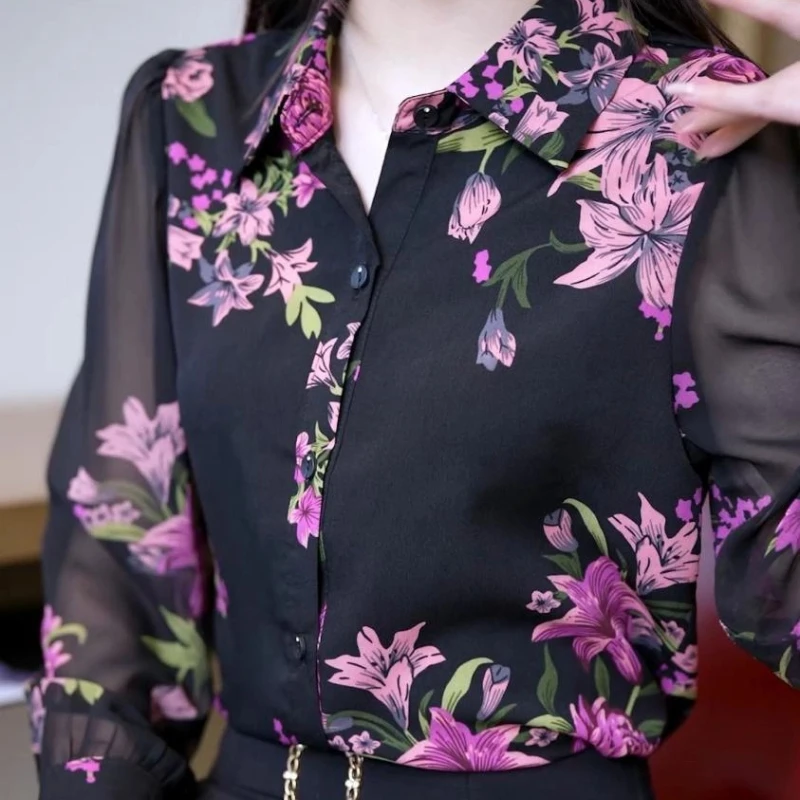 

Elegant Thin Print Chiffon Shirt Tops Summer New Long Sleeve Polo Neck Loose Floral Vintage Blouse Fashion Office Women Clothing