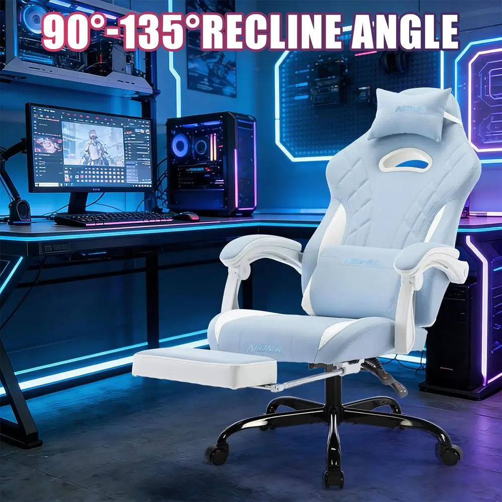 Ergonomic Gaming Chair with Ottoman and Massage Lumbar Support, Cyan White Office Video Game Chair view 4