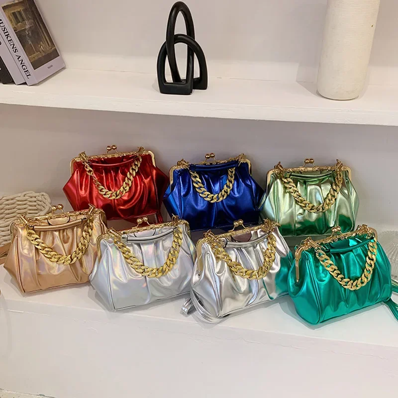 Brand Women Chain Shoulder Bags Kiss Lock Shell Clip Lady Silver Blue Green  Pu Leather Handbags And Purse Ruched Crossbody Bags