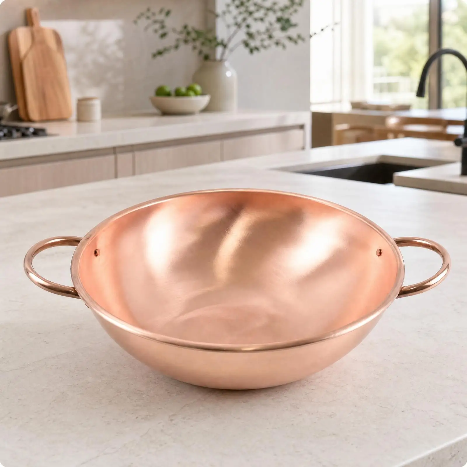Rounded Copper Cooking Wok Gas Cooktop Compatible Copper Wok with Lid Thickened Stir-Fry Pan for Home Cooks, Searing, Simmering,