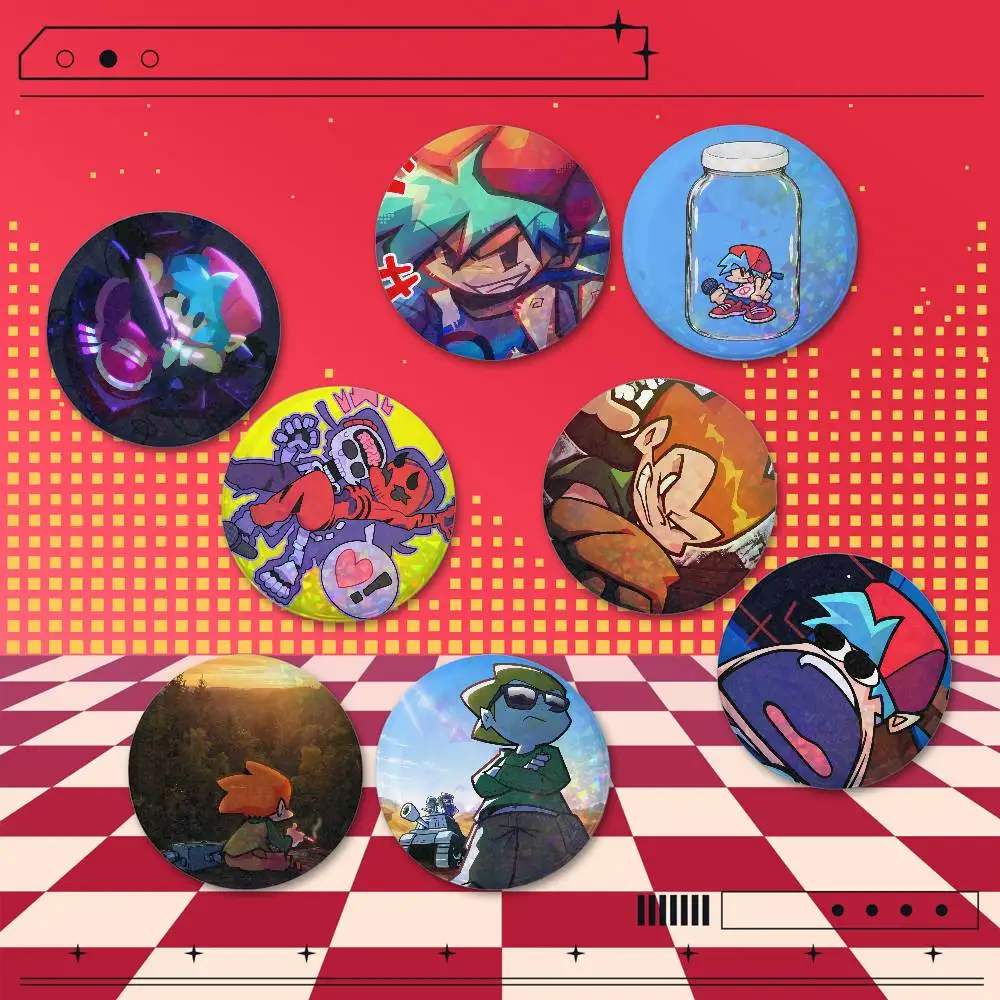Friday Night F-Funkin Round Holographic Brooch Badges 2 Pieces Set 25/32/44/58/75mm Anime Cosplay Fan Merchandise Bag Hat Backpa