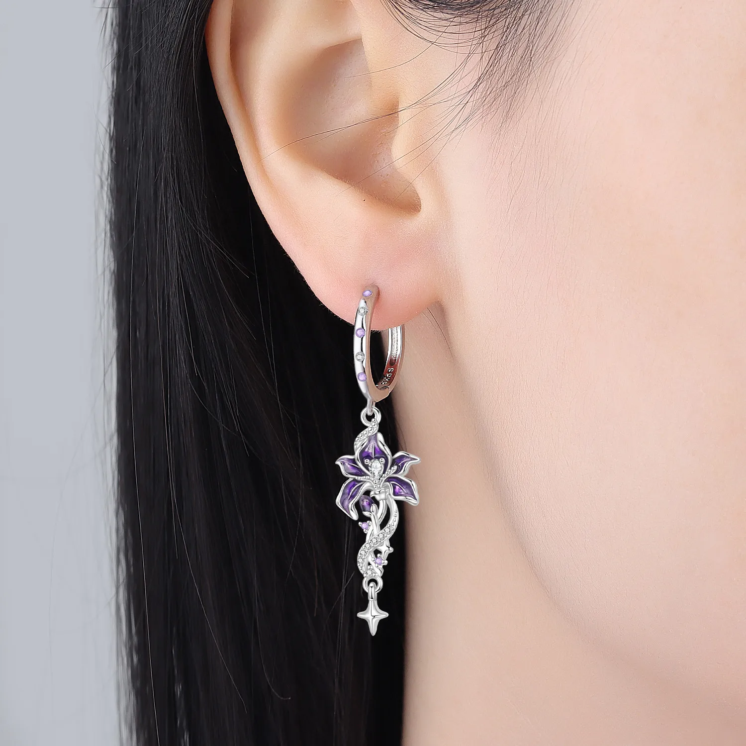 925 Sterling Silber Blumen-Ohrringe, exquisite blaue und violette Iris-Blumen-Ohrringe, modischer Ohrschmuck, Geschenk für Mädchen – Detail 4