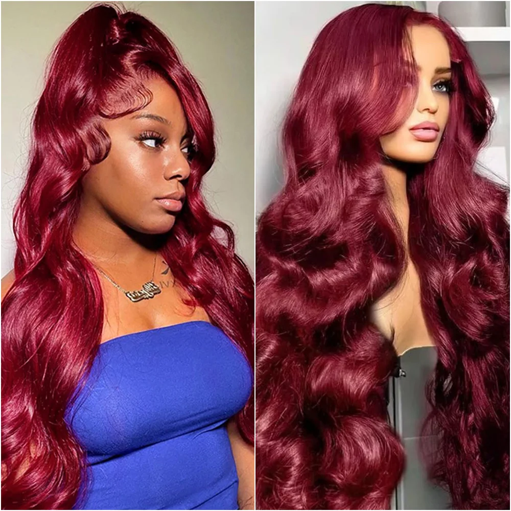 

38 40 дюймов 99J Бордовый парик фронта шнурка Бразильская объемная волна 13x4 13x6 HD Парики из натуральных волос на кружеве Предварительно выщипанные плотность 200%