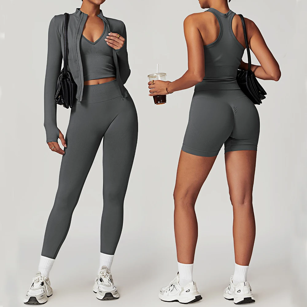 Women 2 Pcs Workout Yoga Set Seamless Sports Set Sportswear Ribbed Yoga Suit Tracksuits High Waist Leggings Gym Clothes Women's