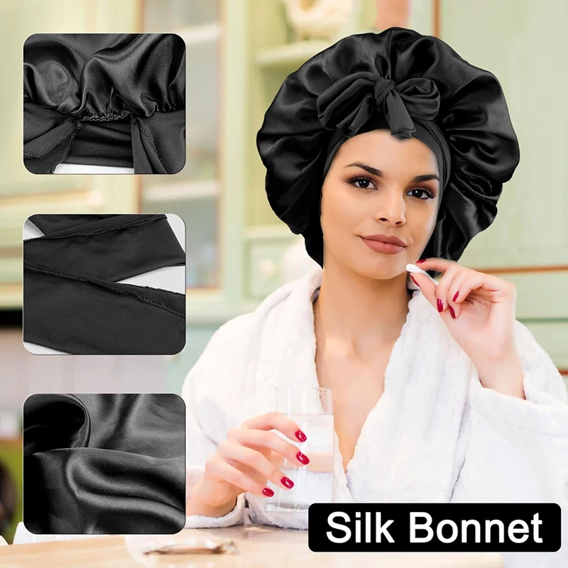 New Large Satin Bonnet Silky Night Sleeping Cap Satin Bonnet With Head Tie Band Bonnet Lace Up Shower Cap Curly Braid Hair