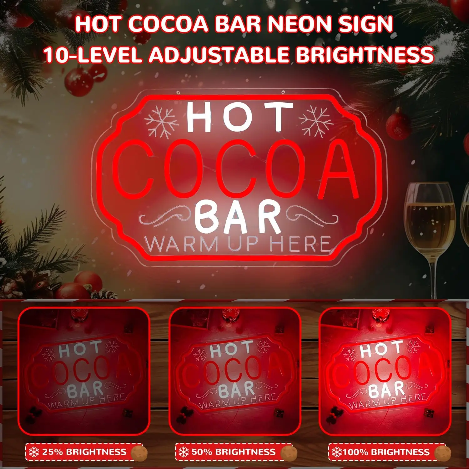 Hot Cocoa Bar Neon Sign Dimmable Christmas Coffee Led Sign Hot Chocolate Bar Light Up Sign for Kitchen Cafe Stations