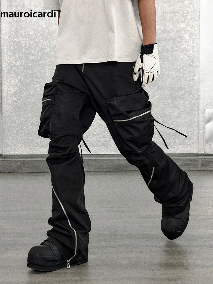 Mauroicardi Spring Autumn Cool Black Cargo Pants Men with Big