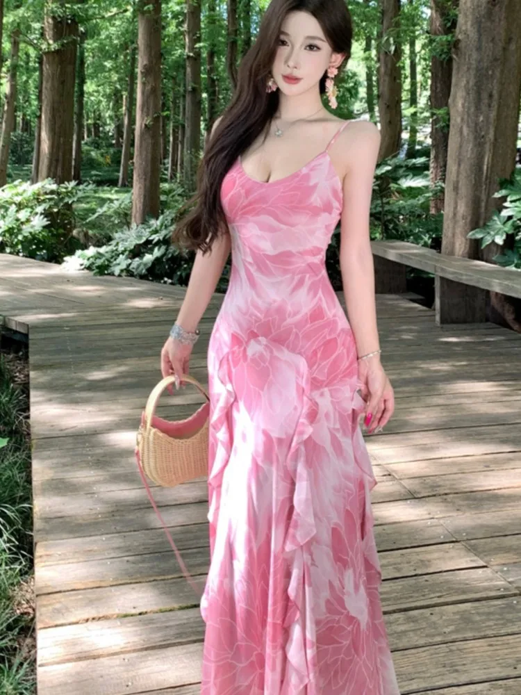 

Vintage Women Pink Sexy Sleeveless Ruffle Edge Slip Dress Summer Elegant Vacation Backless Birthday Party Dance Long Vestidos