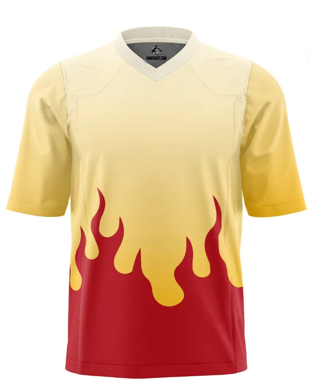 Demon Slayer Purgatory Apricot Shoulang V-neck Breathable Mesh Red Yellow Flame Gradient Printed Anime Leisure Sports Jersey