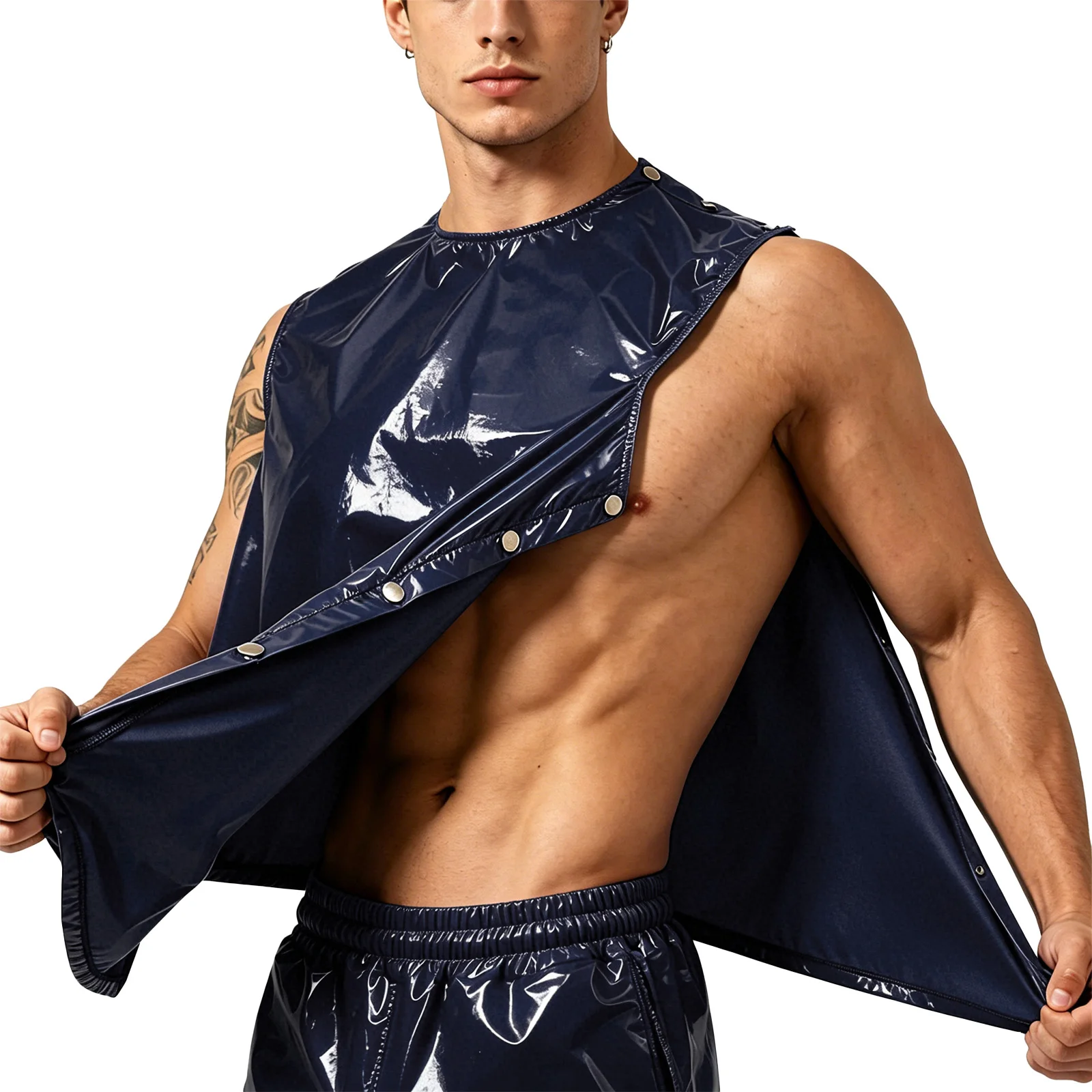 Men Waterproof Glossy Vest Tear-away Buttons Zipper Tank Top Adaptive Clothing Sportswear Swimwear Beachwear Streetwear Clubwear