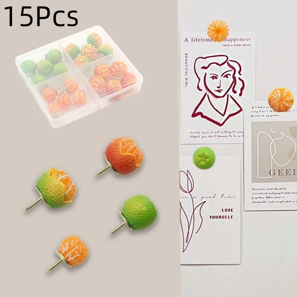 15Pcs Portable Creative Simulated Fruit Push Pins 3D Reusable Orange Pushpins Cute Multifunctional Thumb Tacks Stationery