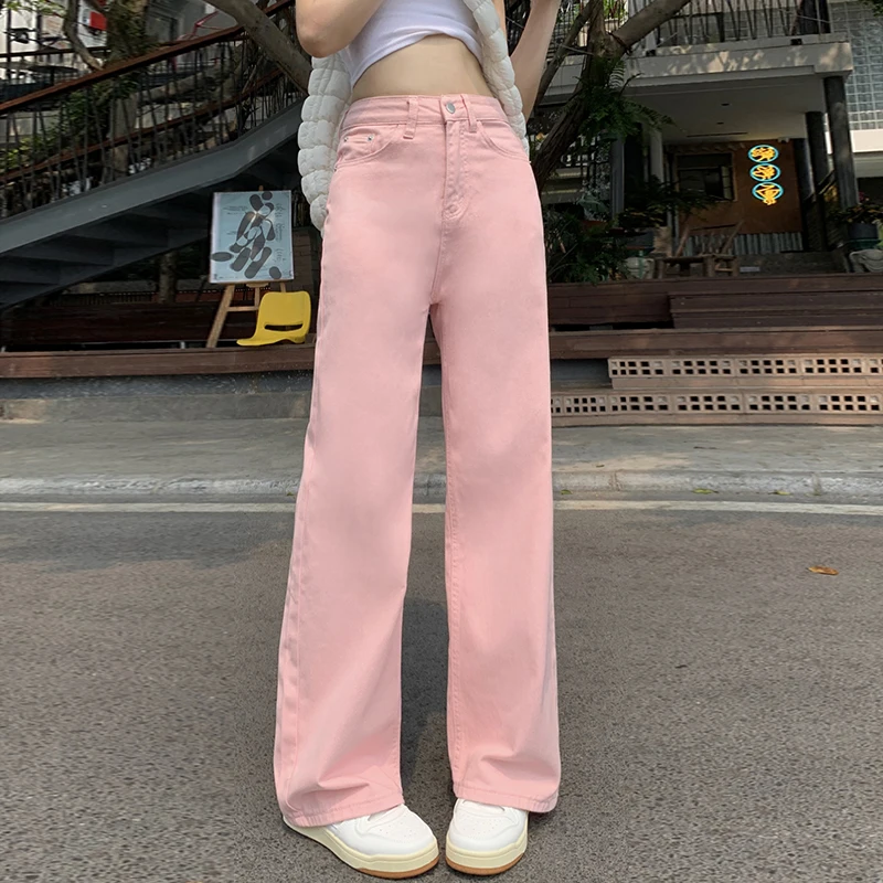 

2024 Summer New Arrival Women's Pink Loose Straight Leg Jeans with High Waist and Wide Legs