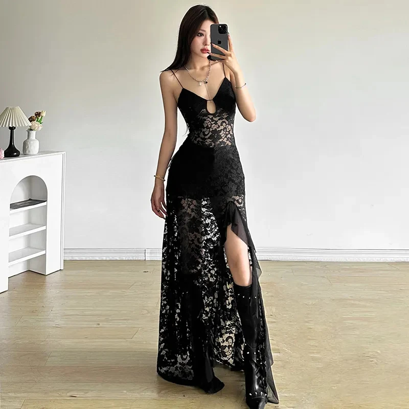 Gothic Lace Camis Dress for Women Summer Sexy Hollow Out Patchwork Split Midi Dress Y2K Streetwear Slim Irregular Party Vestidos