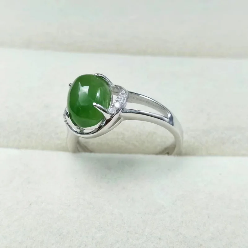 Xinjiang Hetian Jade 925 Silver Inlaid Spinach Green Noodles Women's Ring Open Mouth Send Certificate