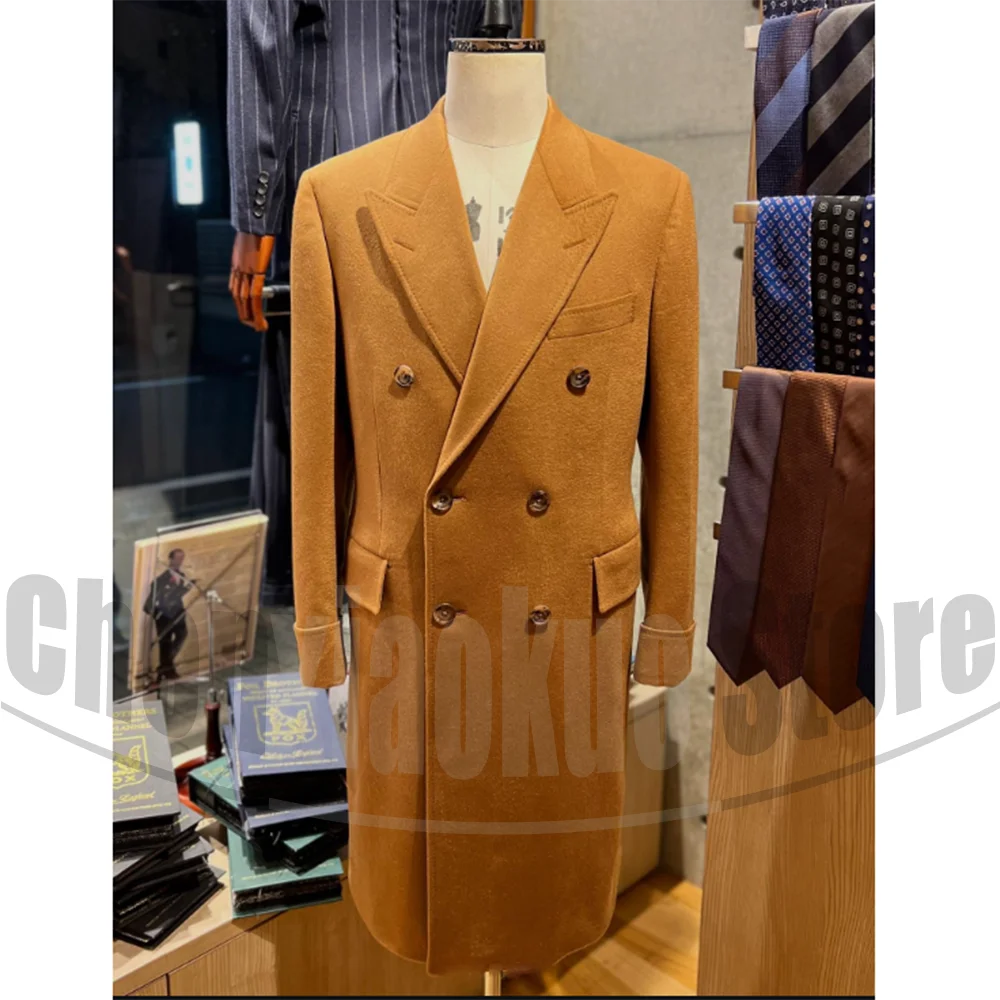 Fashion Men's Woolen Coat Double Breasted Peak Lapel Long Blazer Business Casual Outerwear Elegant Commute Party Work Jacket