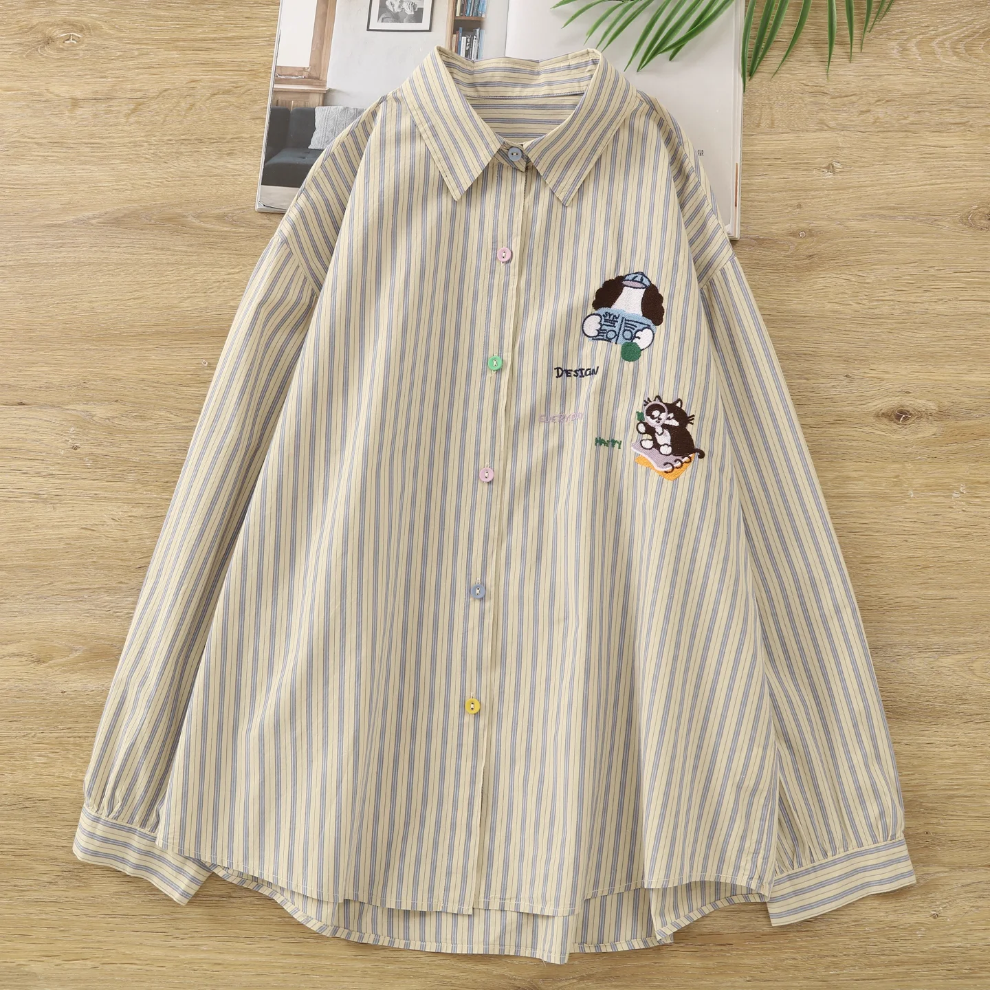 

Harajuku модные женские полосатые рубашки из 100% хлопка в японском стиле с мультяшной вышивкой в полоску блузки с длинными рукавами уличная одежда