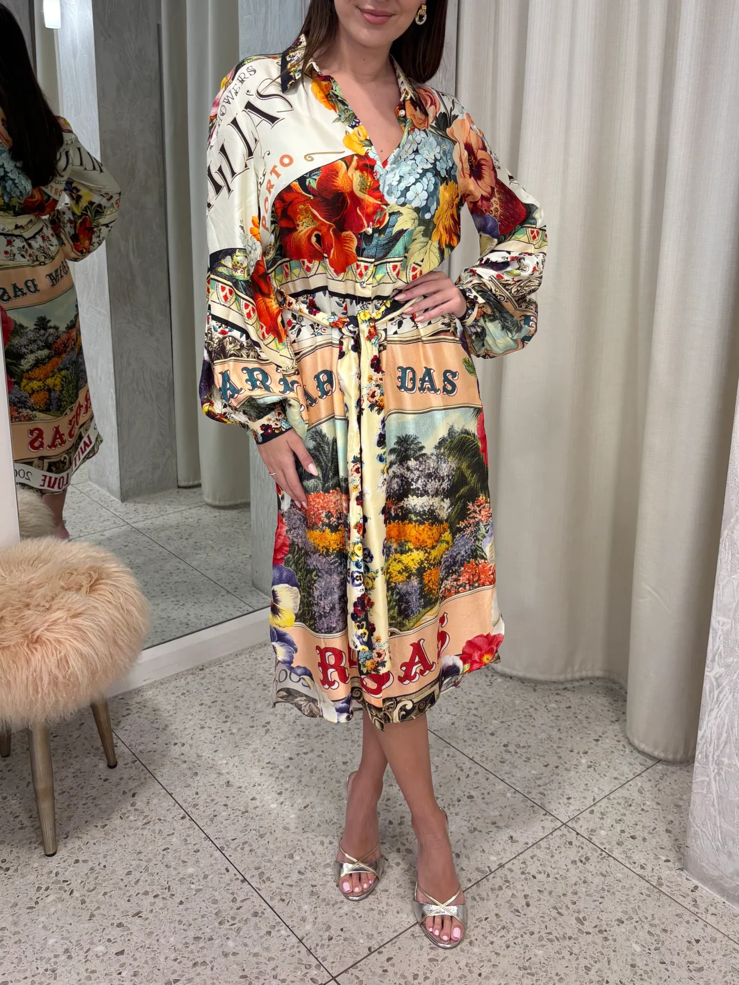 Dames Letter Bloemenprint Lange Shirtjurk Vetersluiting Taille Turn-down Kraag Lantaarn Mouw Los 100% Zijden Gewaad