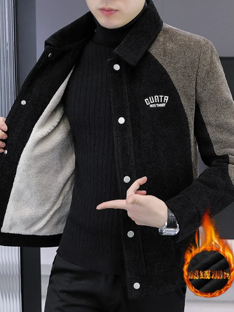 

Faionable Urban Men's ort Fce Lined Woolen Coat Thiened Flap Collar Winter Jaet Stand Fit Youth Dance Wear