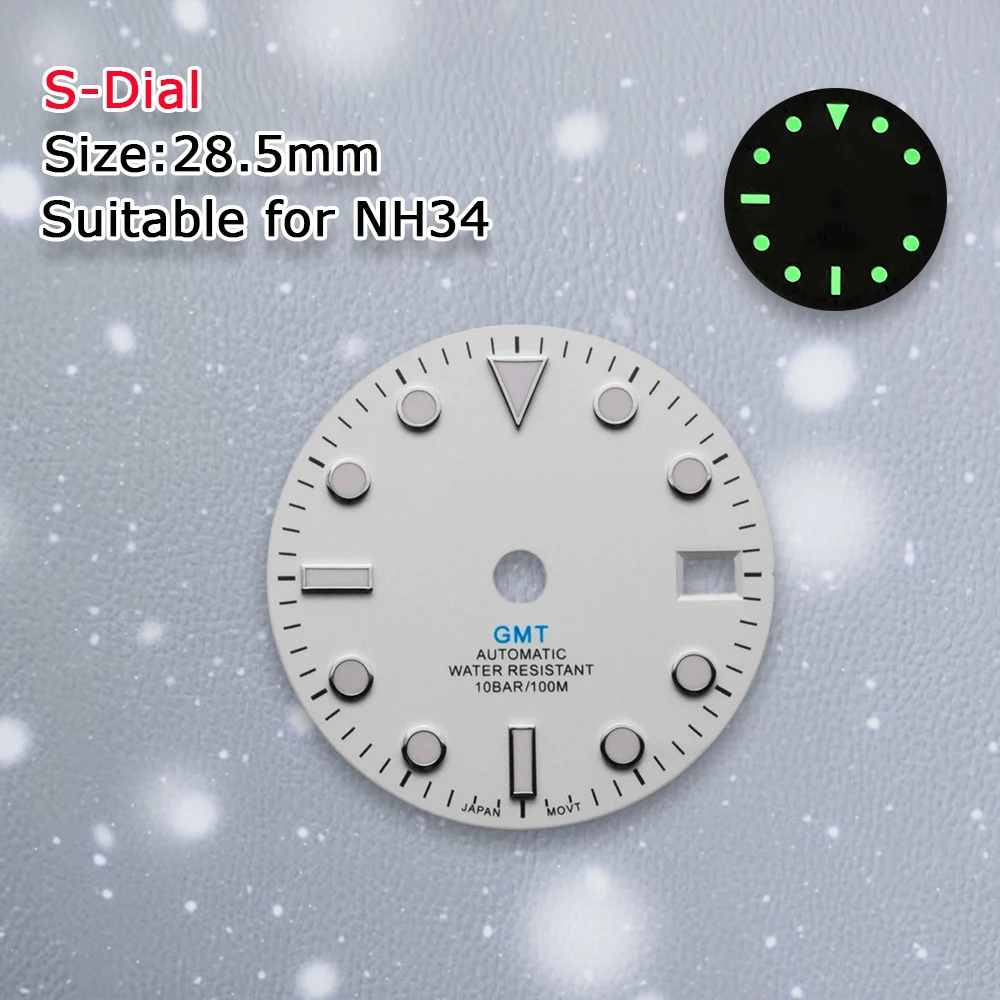 S โลโก้ Dial 28.5 มม.NH34 สีขาว GMT Matte Dial Fit NH34 การเคลื่อนไหวสีเขียวส่องสว่างนาฬิกาการปรับเปลี่ยนอุปกรณ์ซ่อมเครื่องมือ