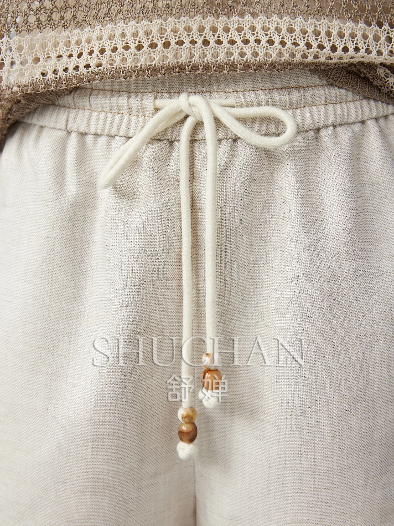 Good Quality 25 Charlessel Linen Beaded Drawstring Elastic Waist Literary Casual Versatile Shorts women