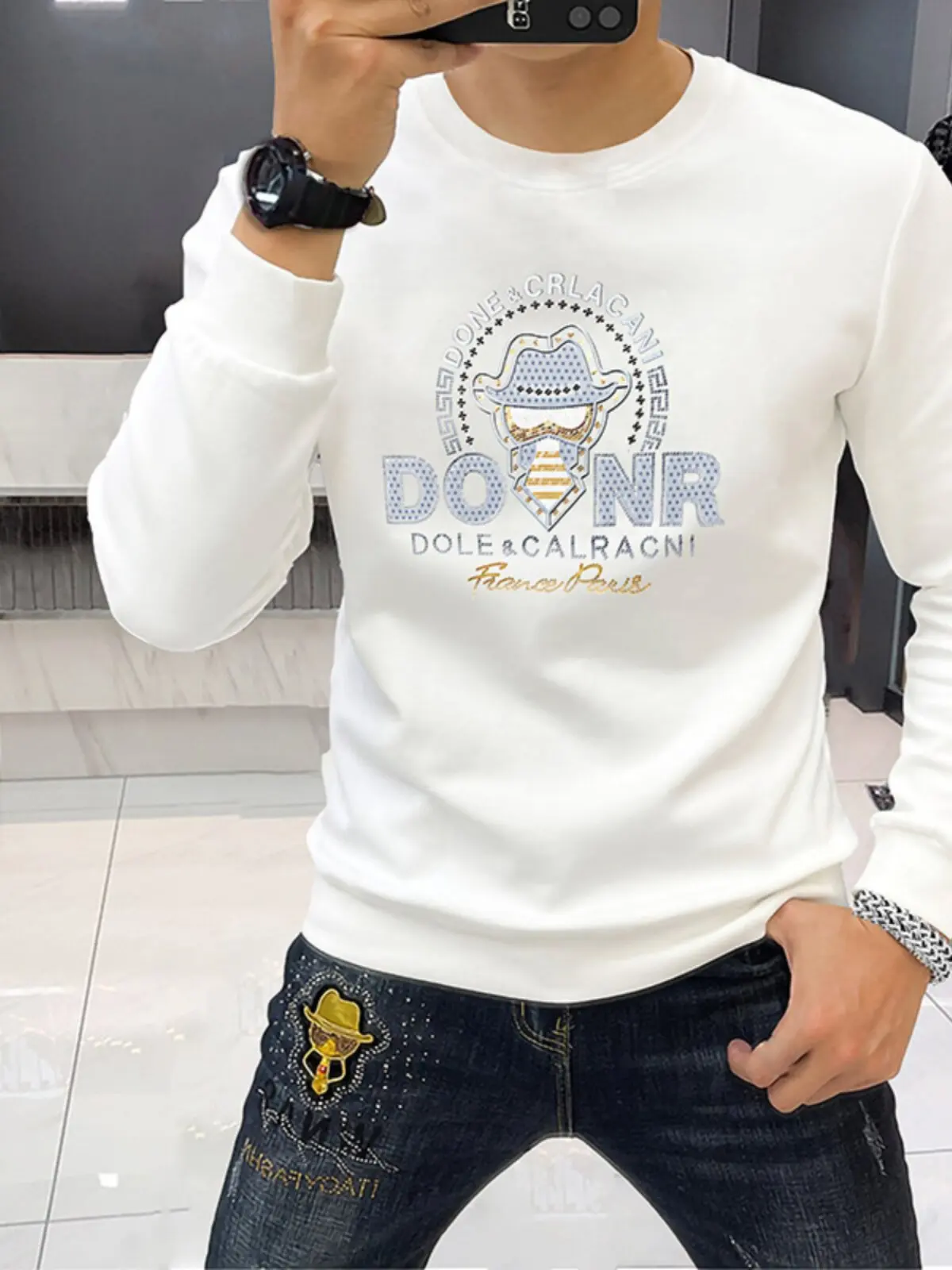 

Мужской модный свитшот Raidy Boer класса люкс с декоративными элементами, утепленный, с длинным рукавом, круглым вырезом и флисовой подкладкой, в городском стиле