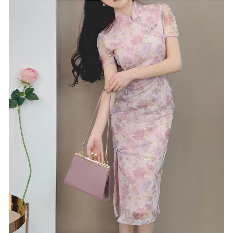 Beautiful Fairy Retro Gentle -Fit Sexy Mesh Sequins Improved Cheongsam White Short Sleeve Dress