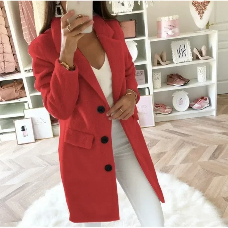 Women\'s L-5XL plus size Solid Color Coat Suit Collar Medium Length Fashion Double Breasted Woolen Coat Elegant Women\'s Coat