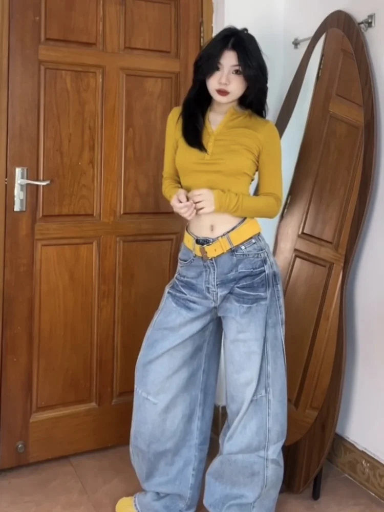 เสื้อยืดทรงเข้ารูป แขนยาว ผู้หญิง เซ็กซี่ สไตล์อเมริกัน สาวฮอต คอเปิด ดีไซน์เอวต่ำ สำหรับฤดูใบไม้ร่วง