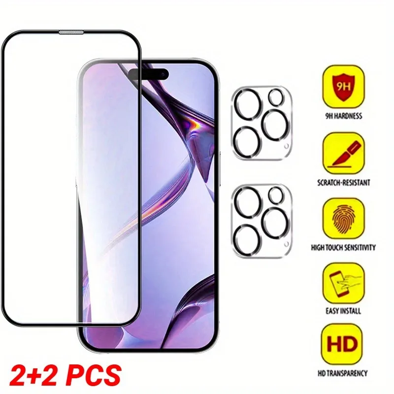 

2+2Pcs Full Coverage Tempered Glass Screen Protector for iPhone 17 16 Pro Max 14 13 12 Pro Mini 11 Pro Max Glass Film