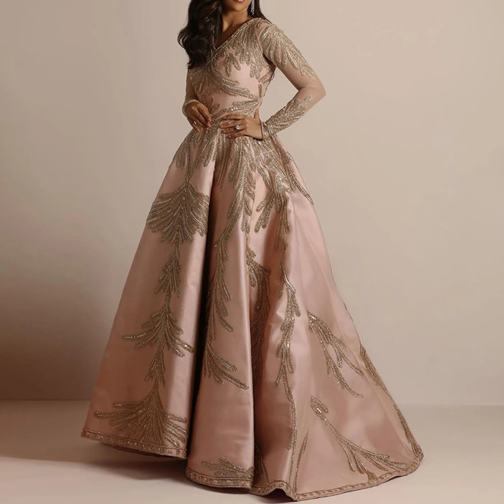 

Luxurious Evening Women's Dress Sequin Appliques V-Neck Long Sleeve High Waist Slim For Female Formal Wedding Party Prom Dresses