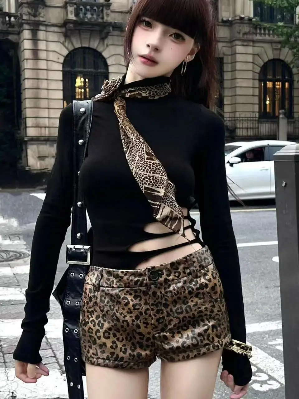 

High Waist PU Leather Shorts Women's Fashionable Leopard Print Slim Fit Design Autumn Winter Warm Wide Leg Pants