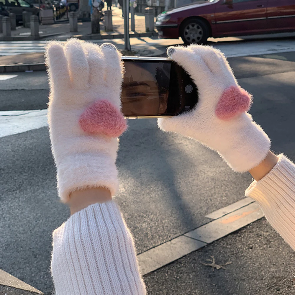 Gants à écran tactile résistants au froid pour femmes, mitaines unisexes en peluche Love Coussins, velours souriant, sports de plein air, cyclisme, hiver