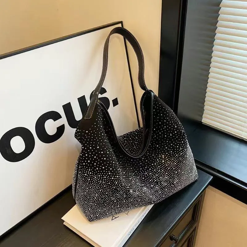 2026 New Women's Shoulder Bag Fashionable High Quality Diamond Inlaid Handbag Solid Color Versatile Large Capacity Shopping Bag