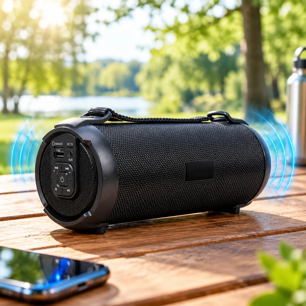 Altavoz Portátil Bluetooth 5.0, Parlante Inalámbrico con Radio FM, Reproducción USB y Tarjeta Micro SD, Entrada AUX, Batería Recargable 1500mAh, Correa para Transportar, Ideal para Exterior, Casa y Viaje