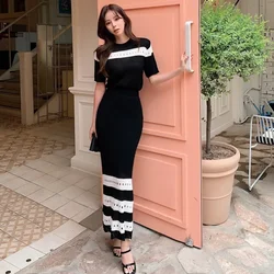 New Spring Fashion Black Beige 2 Piece Skirt Sets Striped Short Sleeve Hollow Knit Shirt Top&Straight Mini Skirt 2PC Dress Suits