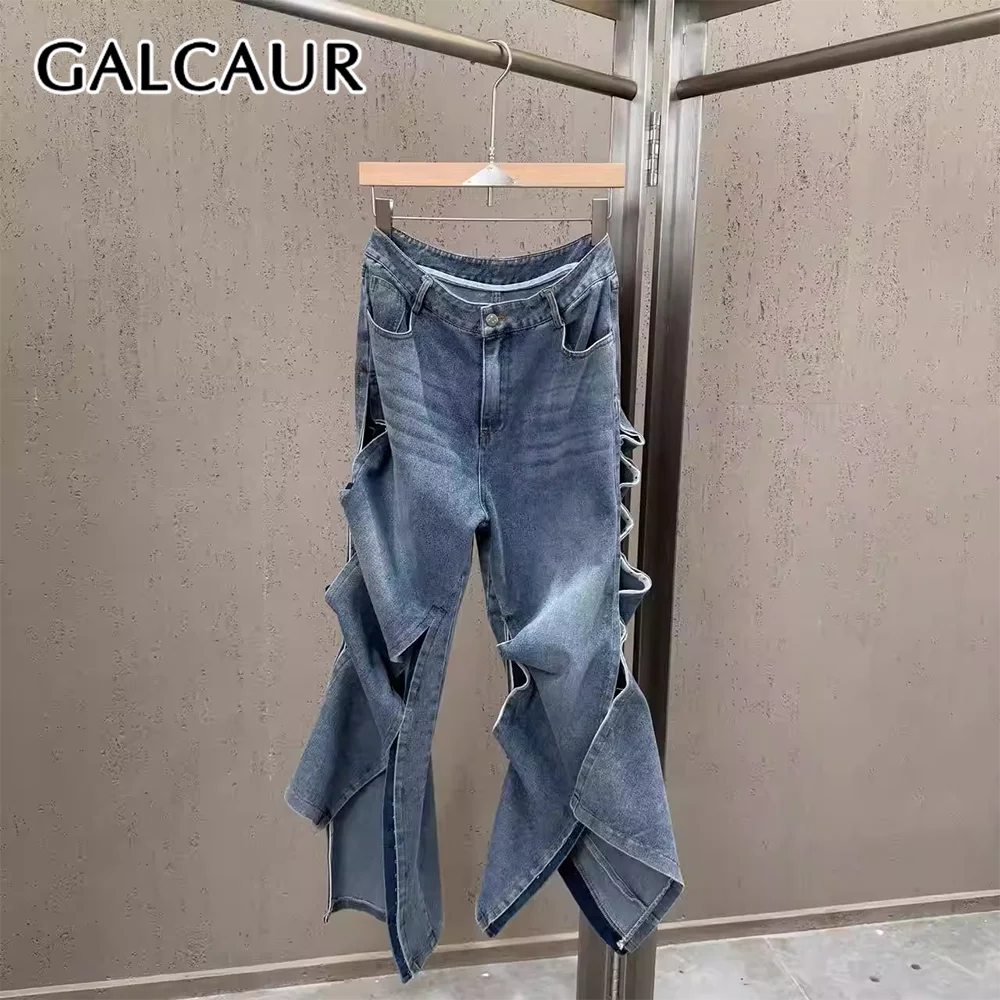GALCAUR Solid Slimming Spliced Pockets High Street Jean for Women Patchwork Ruffle Folds Split Pants Female Fashion New Style