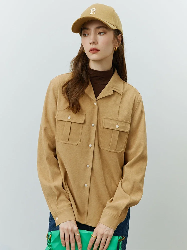 FSLE Women 2022 Winter Retro Tooling Pocket Design Shirt Turn-Down Collar Khaki Long Sleeve Blouses Corduroy Casual Shirts