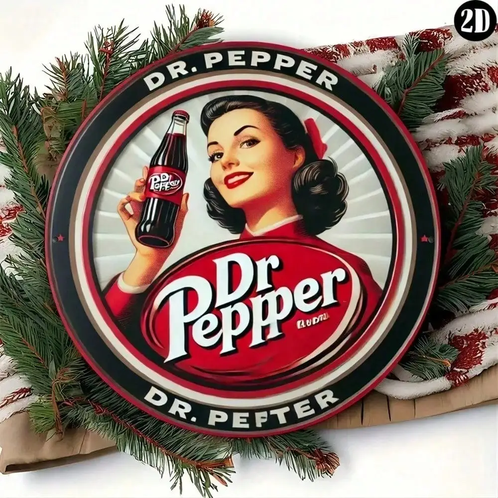 Letrero Metálico Redondo Retro Vintage de Dr Pepper Pin-up Girl, Decoración de Pared 2D con Efecto Desgastado para Bar o Tienda de Refrescos