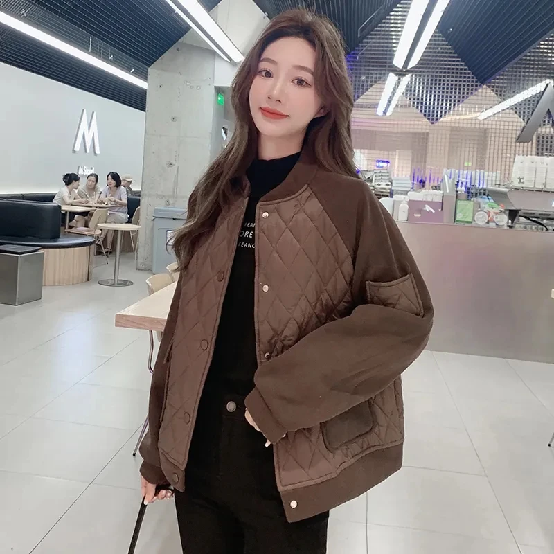 2024 Winter New Women's Diamond Lattice LightVelvet Coat Short Female Cotton Jacket Loose Joker Overcoat