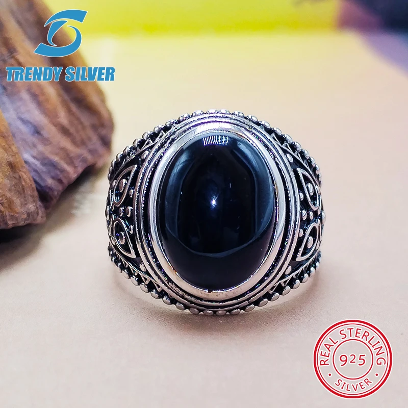 luxury Mens Man rings real 925 sterling silver certified original jewelry for men natural gemstone black onyx stone ring male