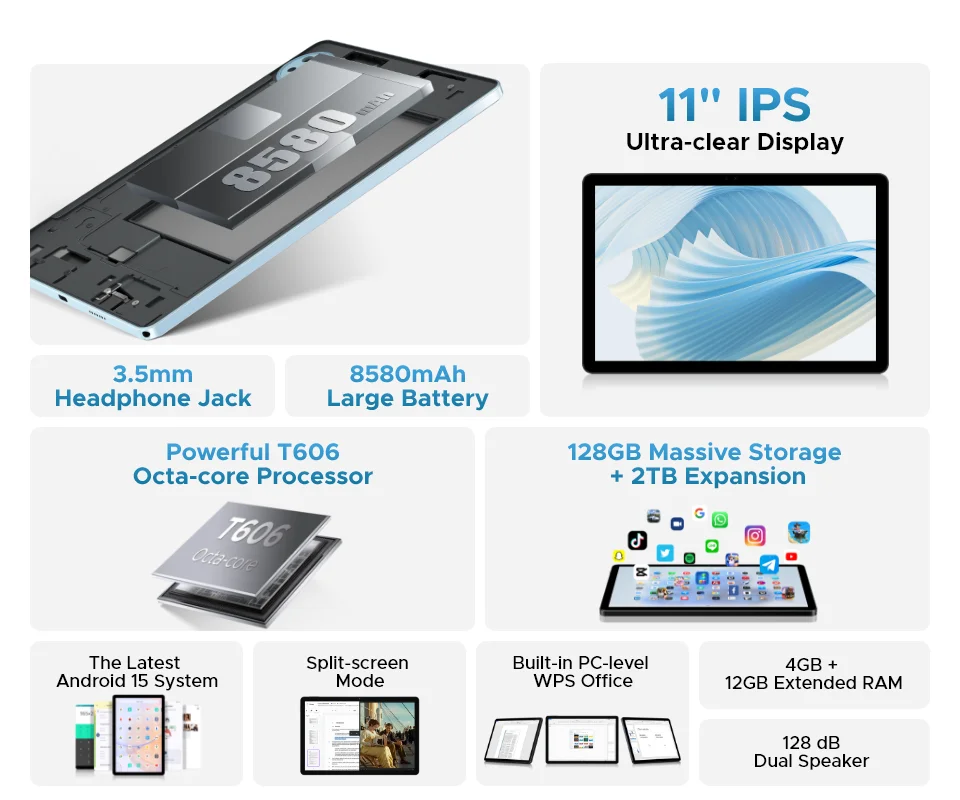 Global Version DOOGEE U11 Android 15 Tablet 11" Ultra-clear 90Hz Display 16GB(4+12) 128GB 8580mAh Battery Unisoc T606 octa-core
