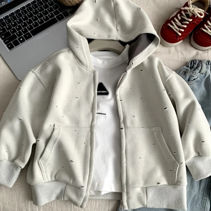 

Куртка для мальчиков 2026: Новая коллекция весна-лето, детская одежда в корейском стиле, модная свободная толстовка с дырками для мальчиков и девочек