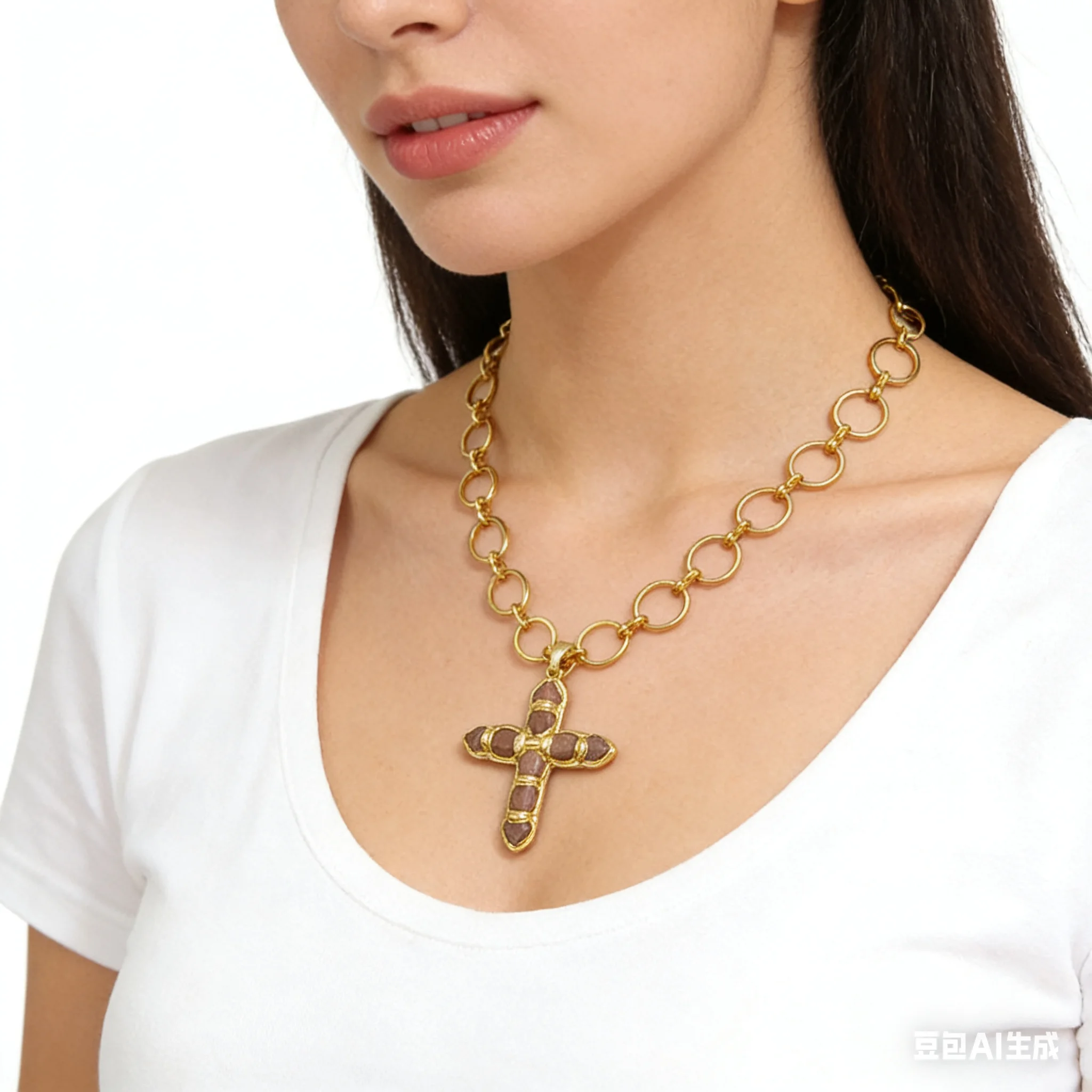 

WT-N1491 New Design Cross Natural Stone With 18k Gold Plated Pendant O Chain Necklace For Unisex Retro Accessory
