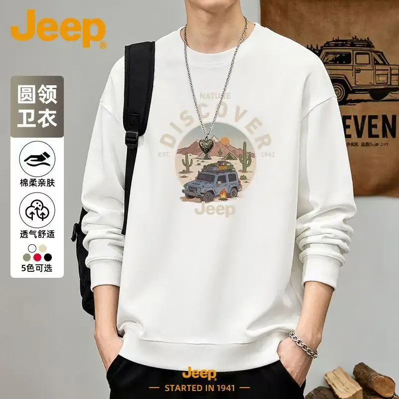 2026 New Arrival JEEP Men's Loose Printed Sweatshirt, Crew Neck Capless Hoodie, Spring Autumn Casual White Versatile Outerwear