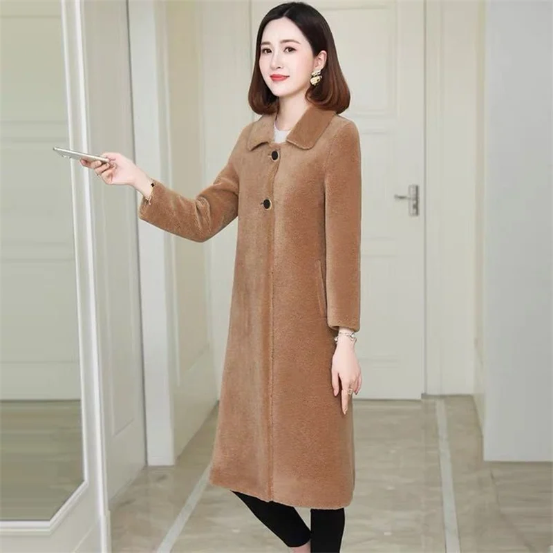 Women New Medium Length Imitation Sheep Fleece Coat  Winter Female Grain Fleece Imitation Lamb Fur One Piece  Coat Warm cardigan