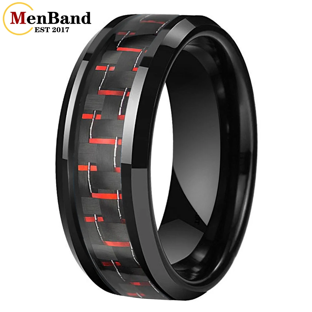 

MenBand 6/8mm Tungsten Carbide Rings for Men Women Wedding Band Black+Red Carbon Fiber Inlay Beveled Polishing Comfort Fit