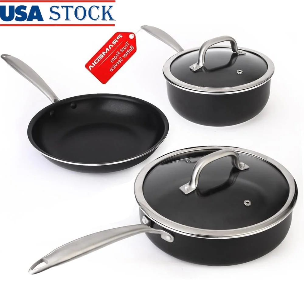 

5PC Induction Nonstick Cookware Set Tempered Glass Lids Stainless Steel Handle Oven Safe Kitchen Pots Pans Cooking Essential